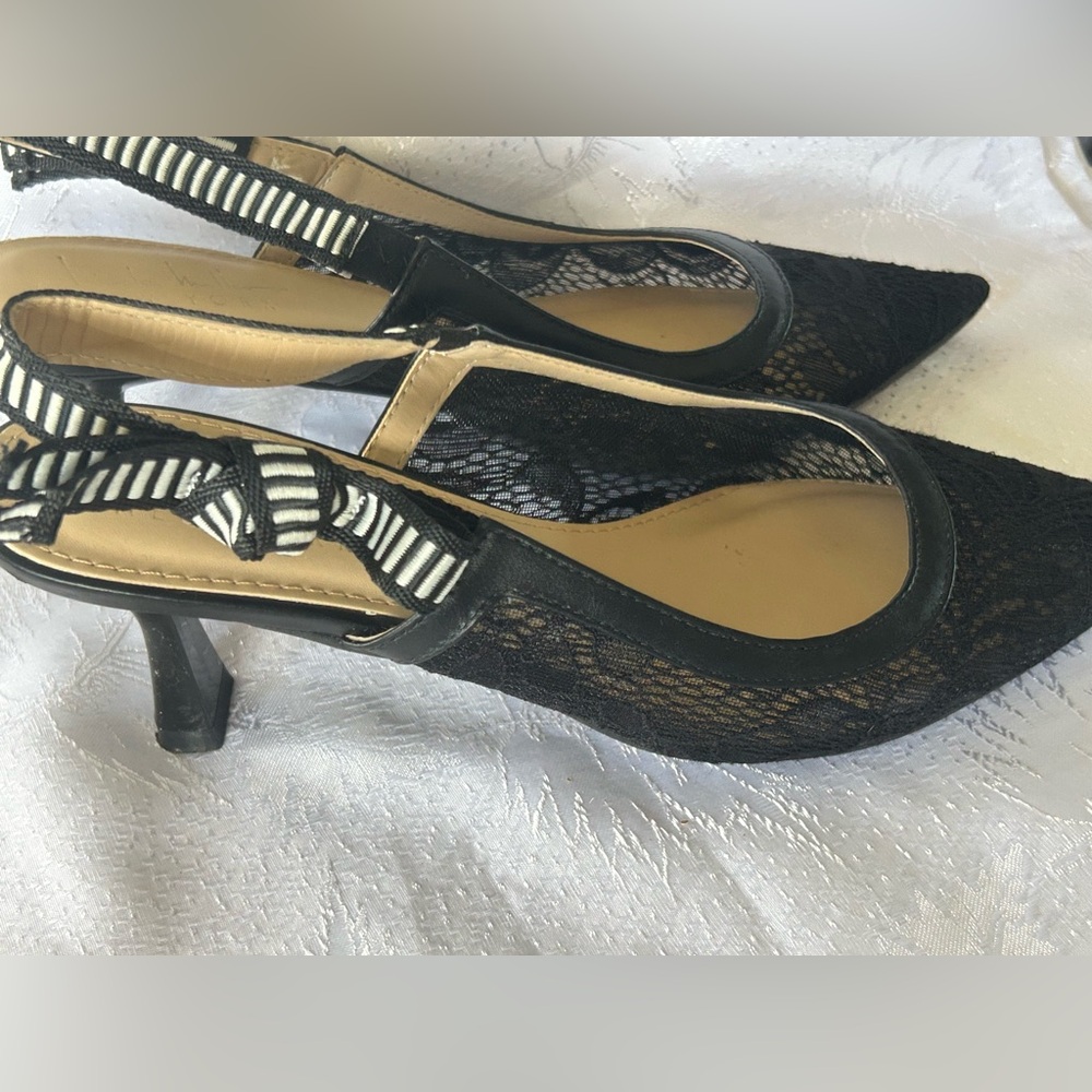 Nicole Miller Black Lace Heels with Striped Accent